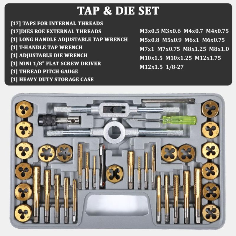 Behappy 40 PCS Tap and Die Set, Metric Tap and Die Set Titanium Coated with Storage Case, Alloy Steel External Internal Cutting Threading Tapping Kit