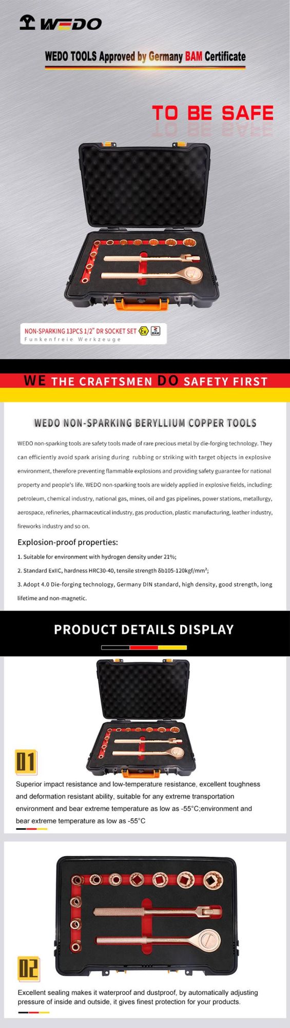 Wedo 13PCS Non-Sparking Beryllium Copper 1/2"Socket Set Spark-Free Safety Socket Tools Case