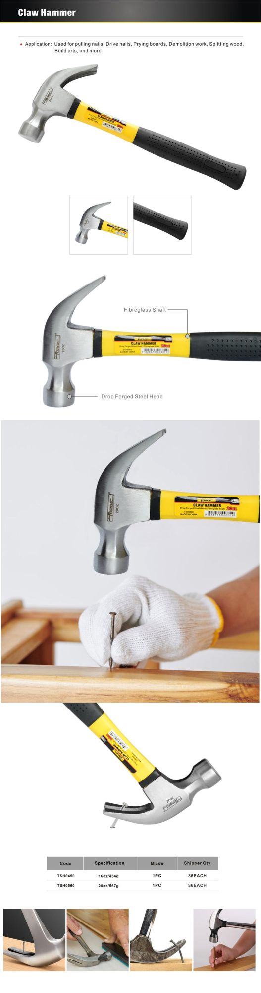 High Quality Hand Tools 20oz Nail Hammer Claw Hammer with Fibreglass Shaft