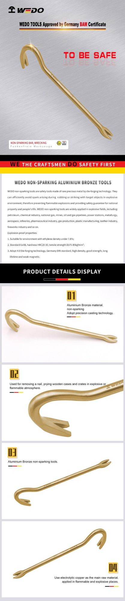 WEDO Aluminium Bronze Non-Sparking Pry Bar Spark-Free Safety Wrecking Bar