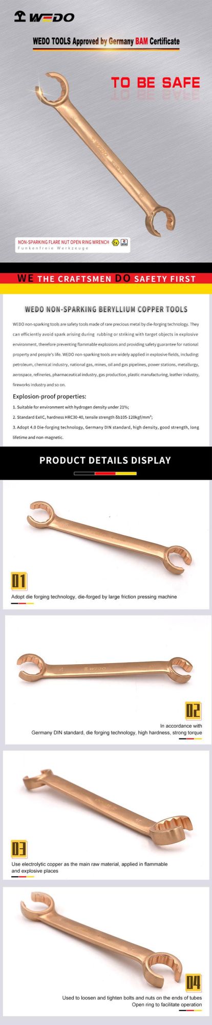 WEDO Non-Sparking Flare Nut Open Ring Wrench Spark-Free Safety Spanner Aluminium Bronze