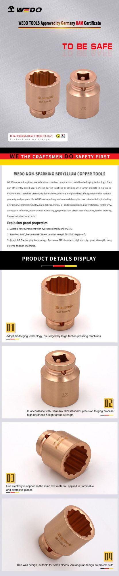 Wedo Best Selling DIN Standard Beryllium Copper Electric Pneumatic 1/2" Impact Socket