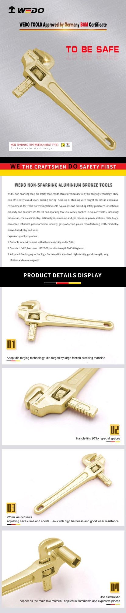 Wedo Popular Non Sparking Aluminium Bronze Bent Type Pipe Wrench