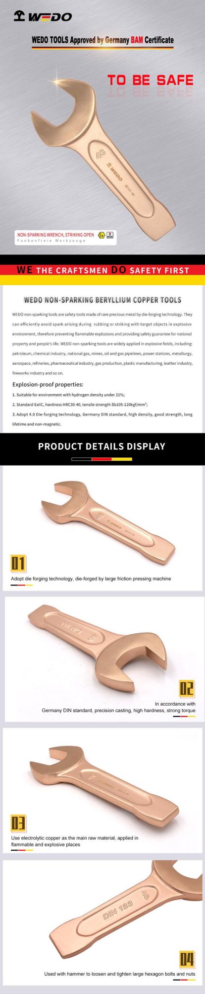 WEDO Hot Sale Non-Sparking Wrench Striking/Slogging Open Wrench Spanner Beryllium Copper Metric&Imperial