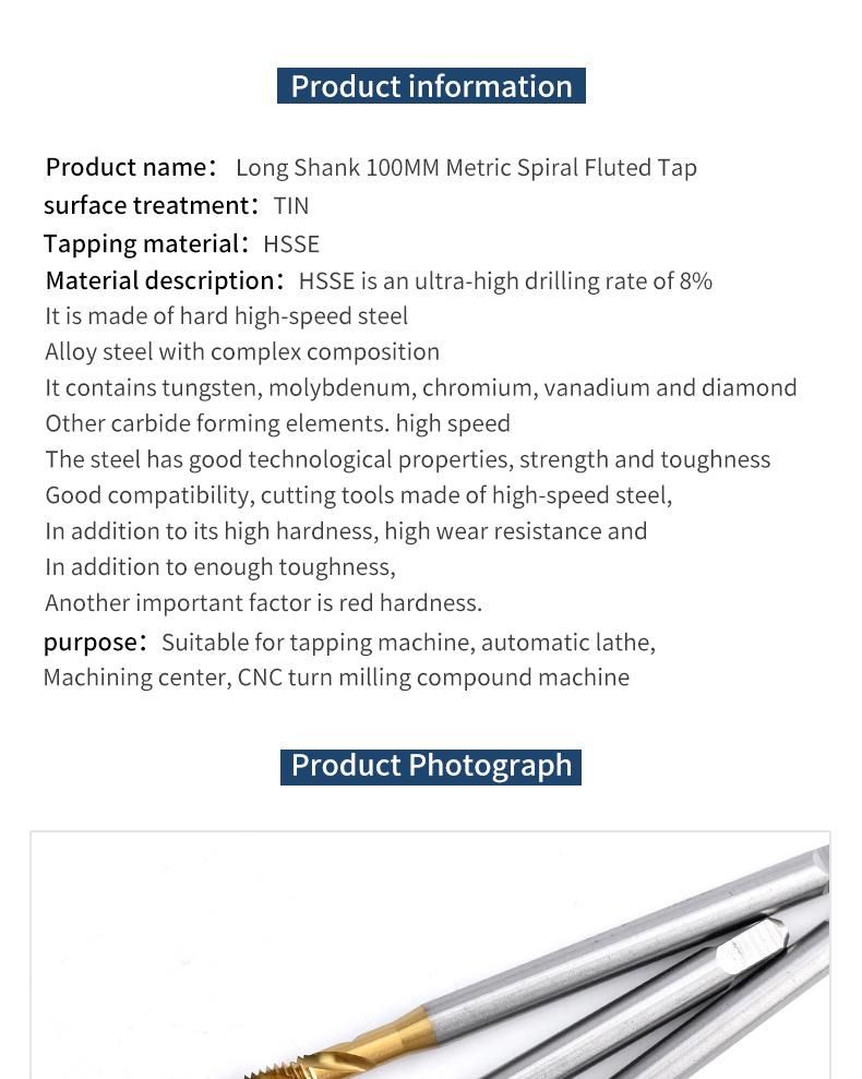 Hsse-M35 Long Shank with Tin Spiral Fluted Taps M6X1X100L Machine Screw Thread Tap