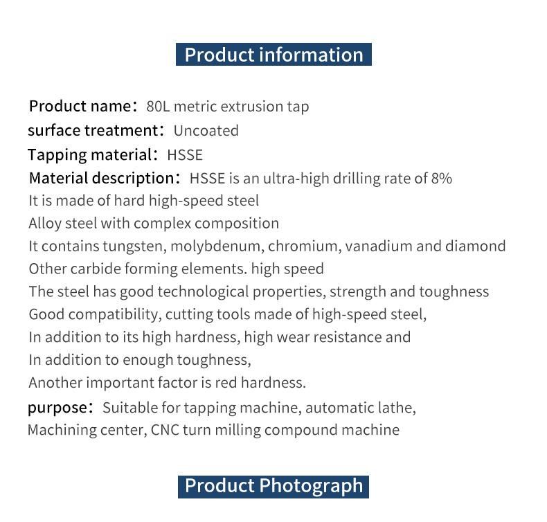 Hsse-M42 JIS Long Shank 80mm Forming Taps M1.2 M1.4 M1.6 M2 M2.5 M3 M4 M5 M6 Machine Screw Thread Tap