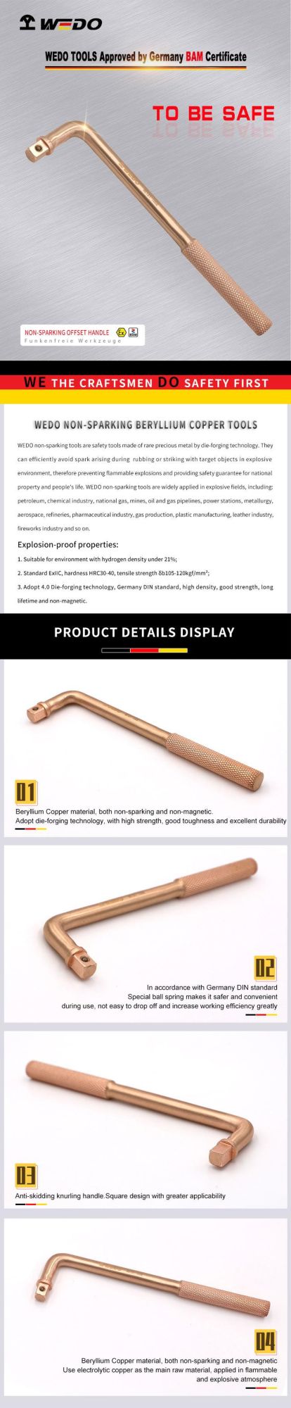 WEDO Non-Magnetic/Sparking Socket Wrench Beryllium Copper Offset Handle