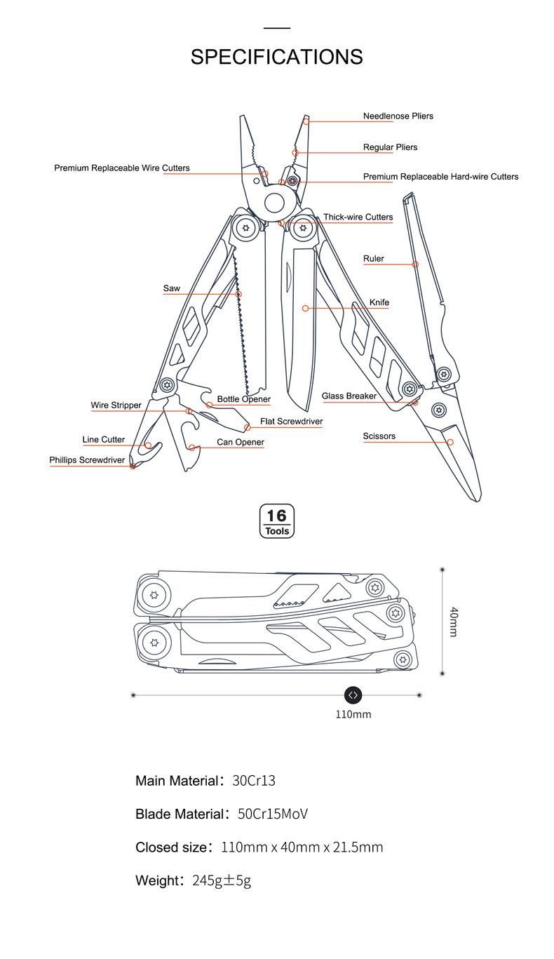 Multifunctional Stainless Steel Pliers Hand Tools Portable Tool Folding Pocket Folding Knife Multitool Outdoor Plier Nextorch Mt10 EDC Tools