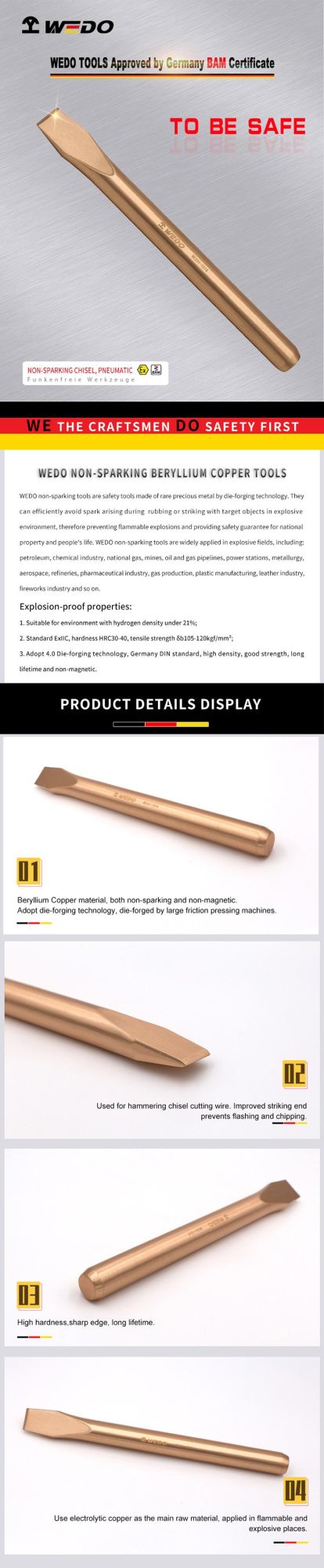 WEDO Beryllium Copper Chisel High Quality Non-Sparking Flat Chisel Bam/FM/GS Certified