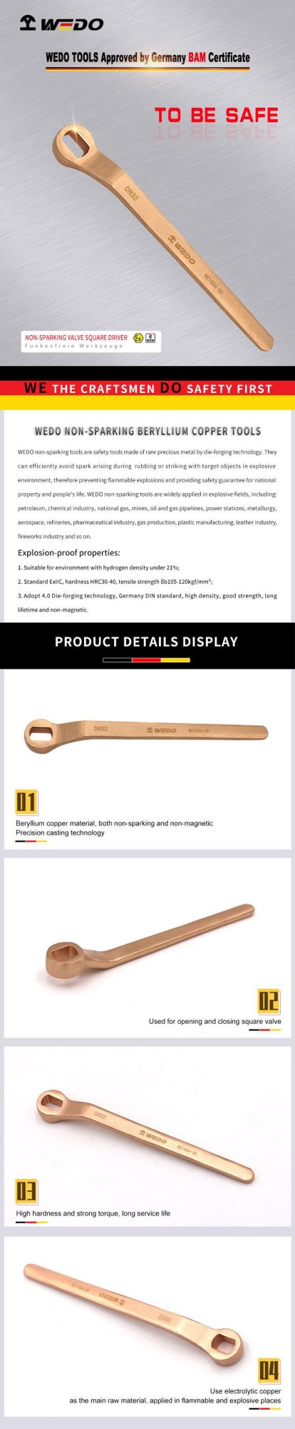 WEDO Non-Magnetic/Sparking Valve Square Driver Wrench Beryllium Copper Spanner