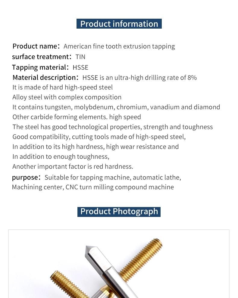 Hsse-M42 with Tin Forming Taps Unf Uns 00-90 0-90 0-80 1-72 2-64 3-56 4-48 5-44 6-40 8-40 8-36 10-32 12-32 12-28 Machine Roll Tapping Fine Thread Screw Tap