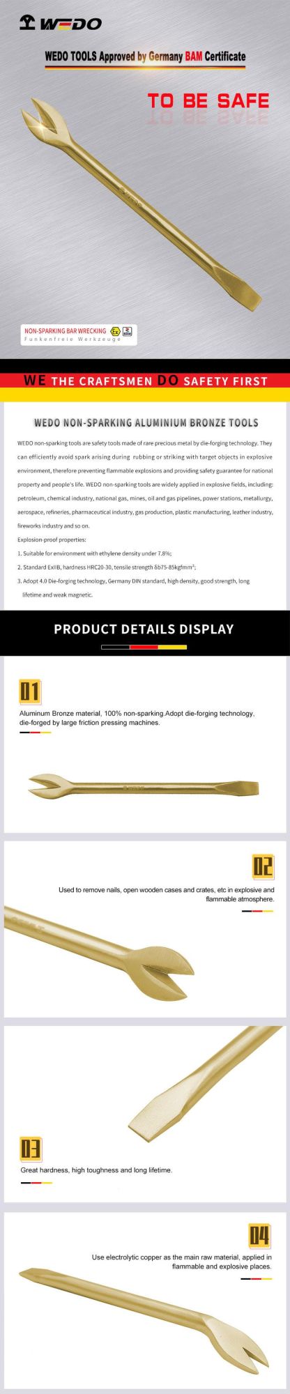 WEDO 10" Aluminium Bronze Pinch Bar Non-Sparking Wrecking Bar Spark-Free Safety Bar