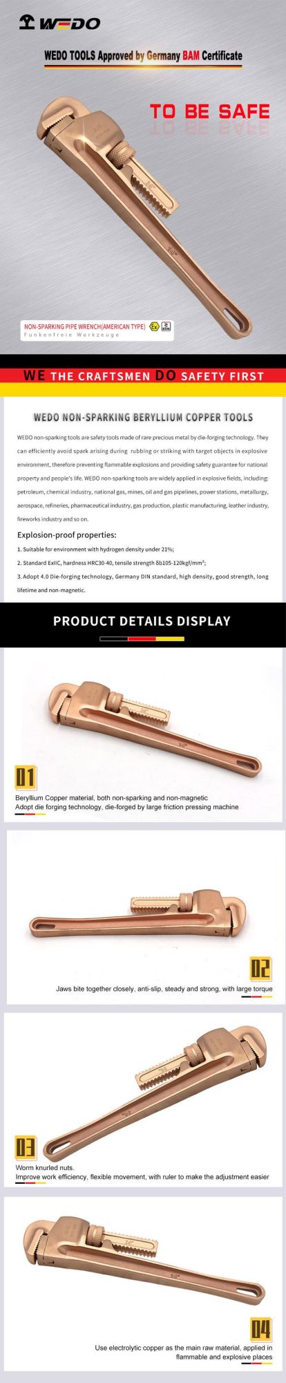 WEDO High Quality Beryllium Copper Pipe Wrench (American Type) Non-Sparking Pipe Spanner