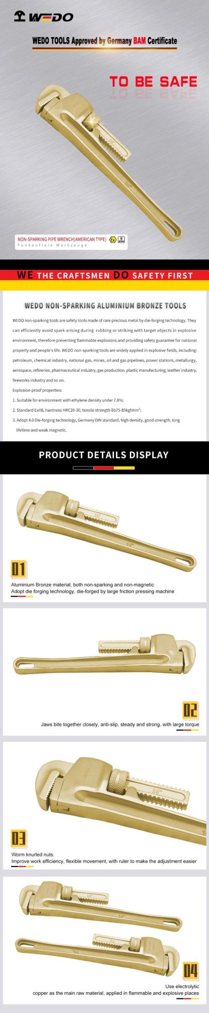 WEDO High Quality Aluminium Bronze Pipe Wrench (American Type) Non-Magnetic/Sparking Pipe Spanner