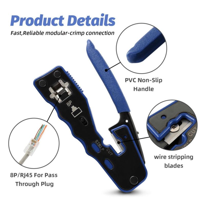 Ez RJ45 Pass Through Crimping Tool Ethernet Network Modular Plug Connector Crimper Tool Ratcheting for UTP/STP Cable