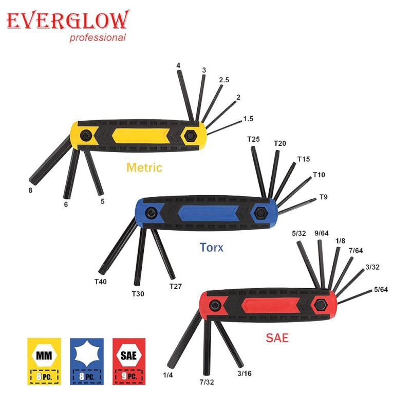 3pk Folding Allen Wrench Set SAE, Metric Torx Hex Key Set