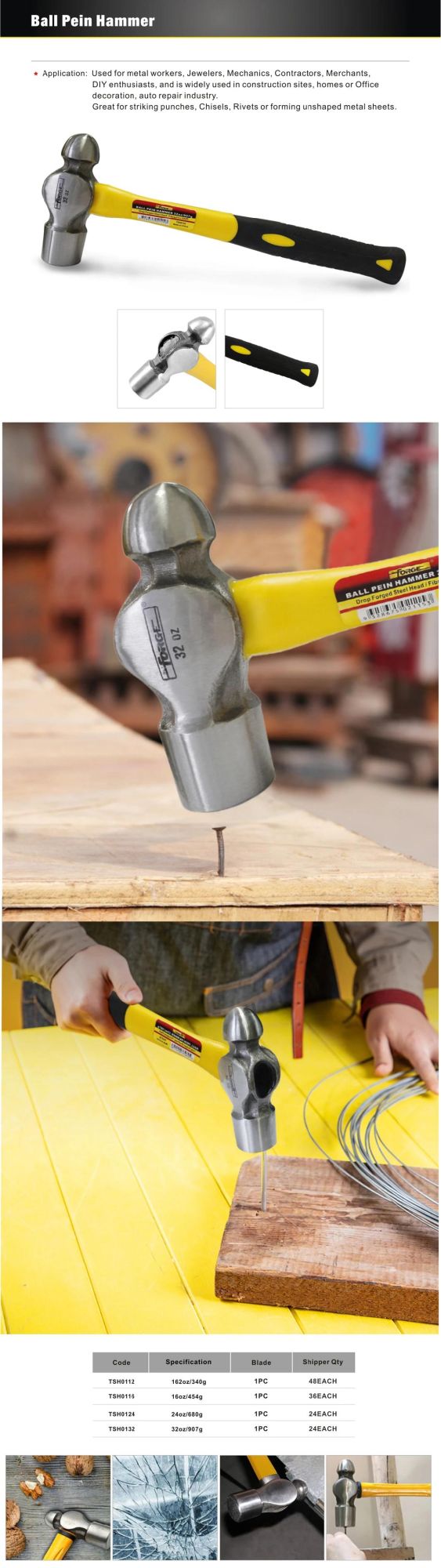 16oz Forged Carbon Steel Ball Pein Hammer with Fiberglass Handle