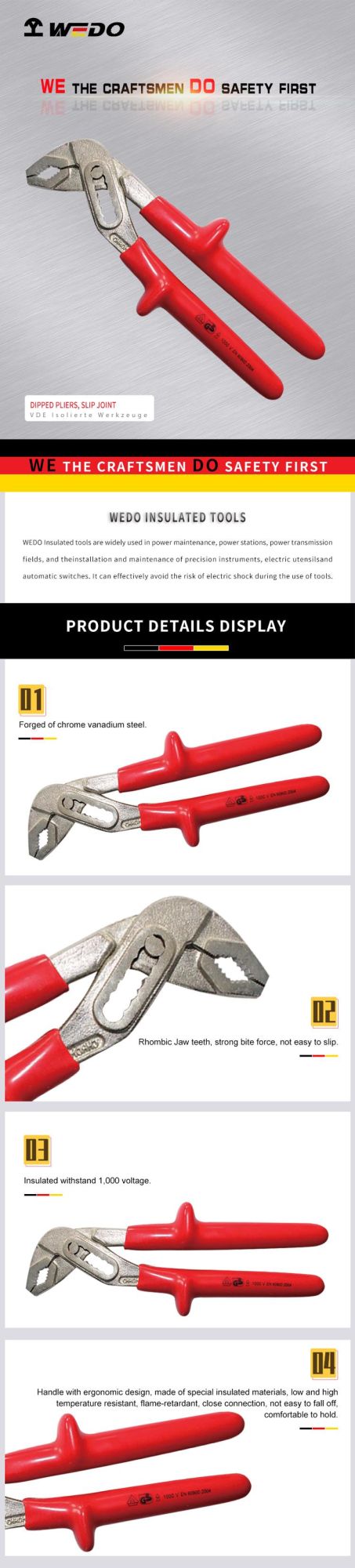 WEDO VDE Certificated Dipped Pliers, Slip Joint