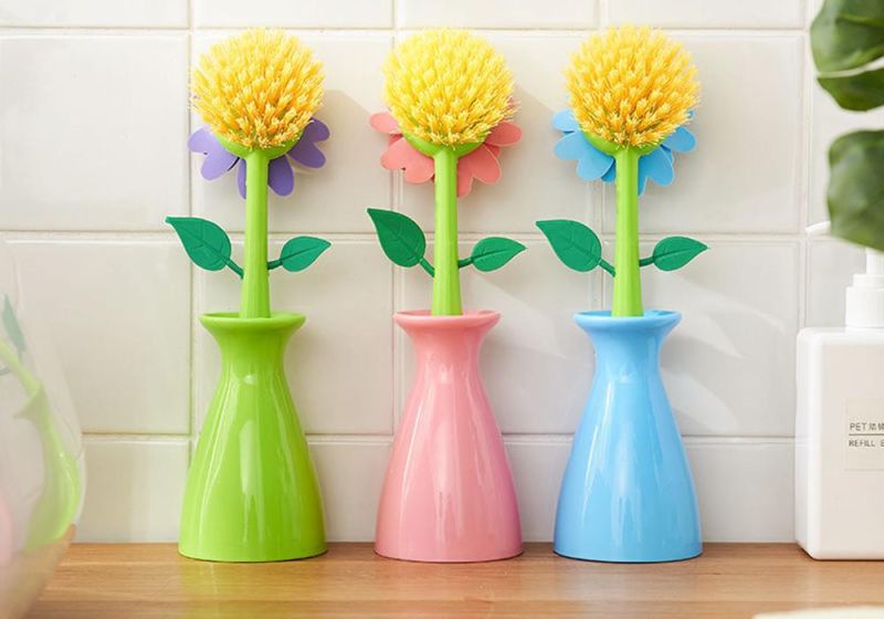 Multifunctional Flower Cleaning Brush Kitchen Plastic Cleaning Tool Dishwashing Brush Bottle Brush Pot Brush with Base