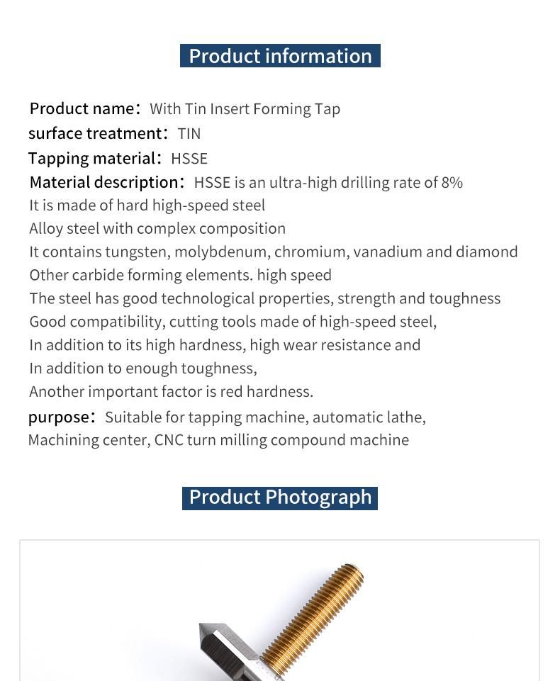 St M2*0.4 Hsse-M42 Insert with Tin Forming Taps St M2 M2.5 M3 M4 M5 M6 M8 M10 Machine Thread Screw Tap