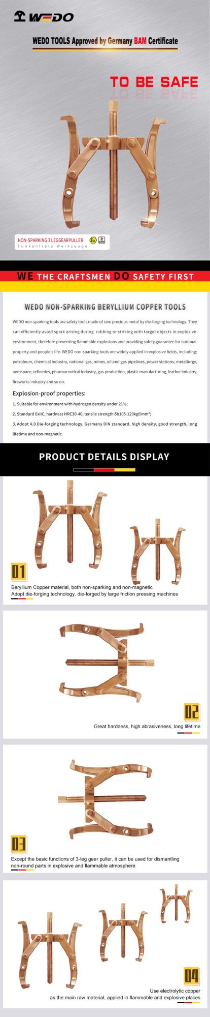 WEDO High Quality Beryllium Copper Non-Sparking 2 Leg Gear Puller