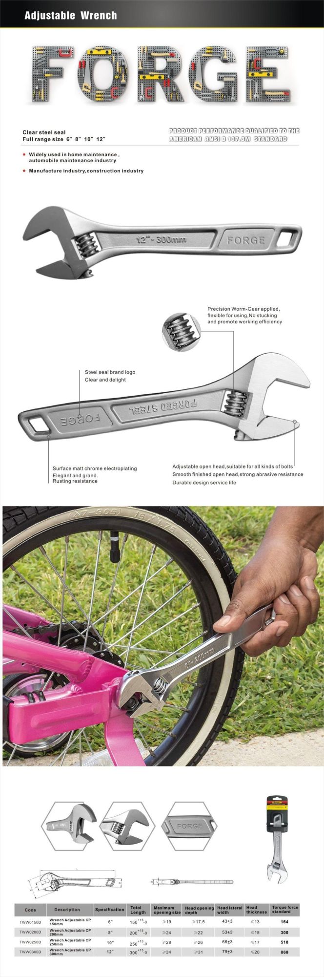 8" Quality Carbon Steel Matte Chrome Plated Adjustable Spanner Wrench