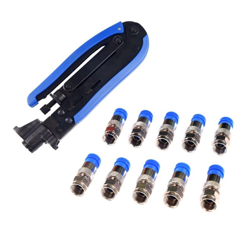 Coaxial Cable RG6 Rg59 Rg7 Rg11 Crimping Handle Compression Tool Kit Set with 10PCS Brass F Connectors