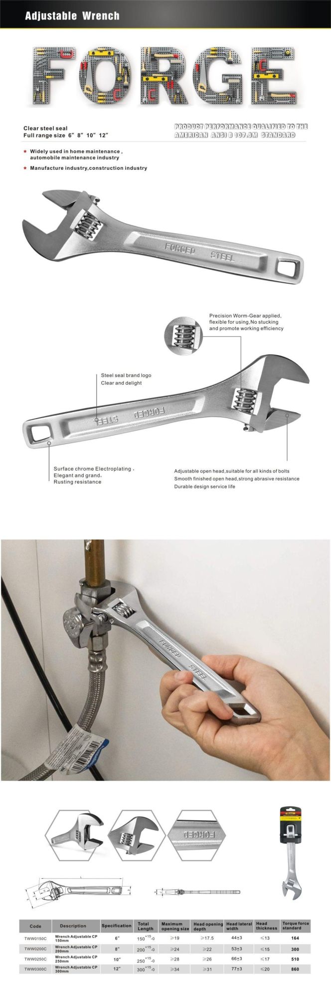 12" Quality Carbon Steel Wrenches Chrome Plated Adjustable Spanner