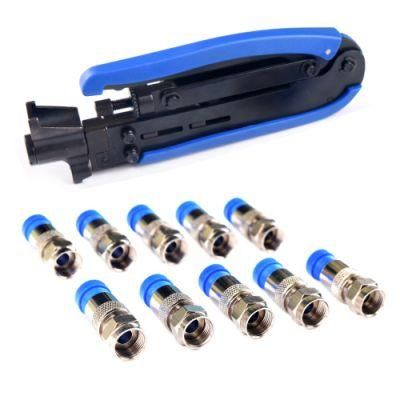 Coaxial Cable RG6 Rg59 Rg7 Rg11 Crimping Handle Compression Tool Kit Set with 10PCS Brass F Connectors