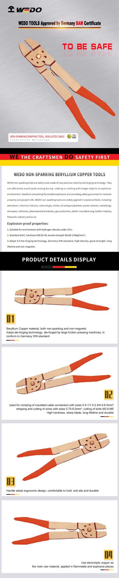 Wedo Non Sprarking Beryllium Copper Insulated Cable Connectors Crimping Pliers