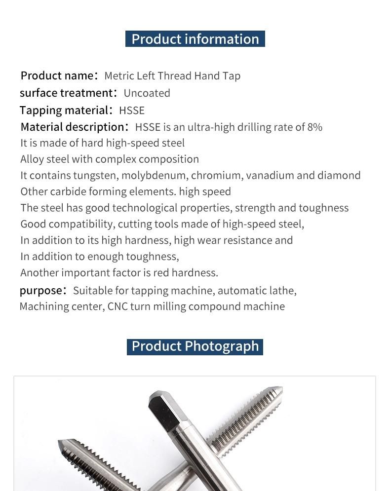 M2*0.4L Hsse-M35 Left Thread Straight Groove Taps M2 M2.5 M3 M4 mm5 M6 M8 M10 M12 Machine Thread Screw Tap