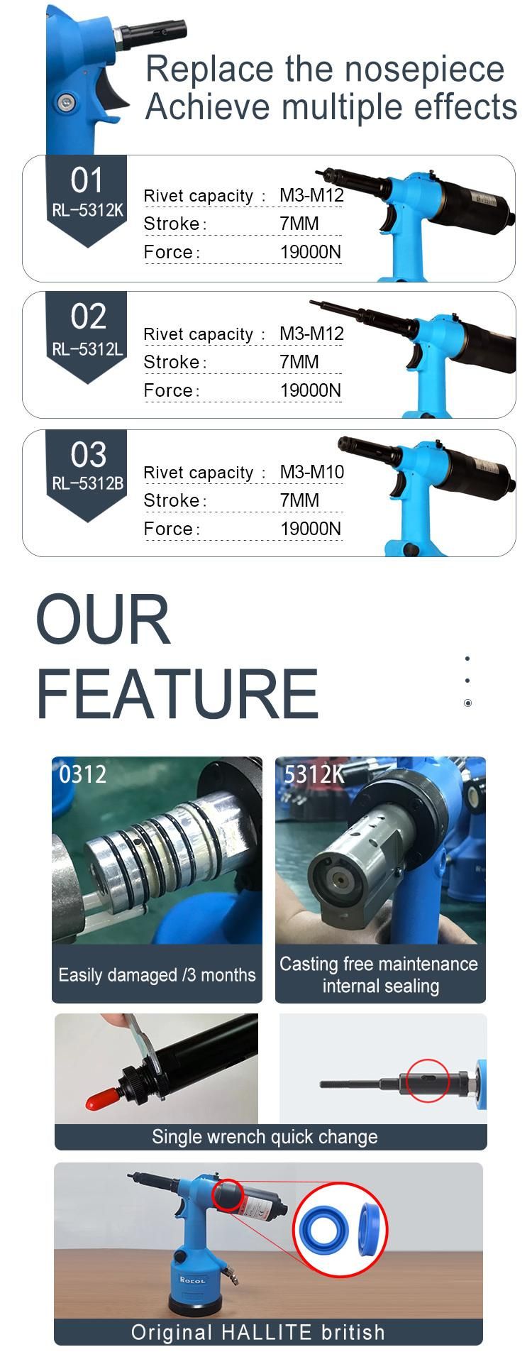 Manufacture Supplier Quick Change Nosepiece Hydro Pneumatic Hand Nut Riveter