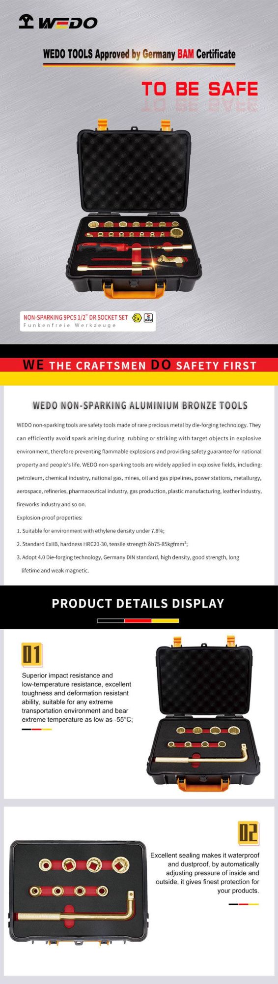 WEDO Non Sparking Aluminium Bronze 1/2" Drive Socket Set-9PCS Bam/FM/GS Certified