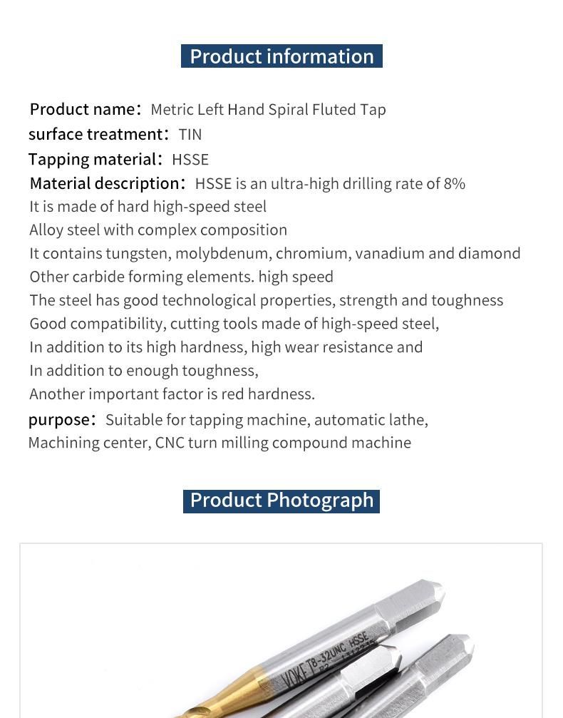 Hsse-M35 JIS with Tin Spiral Fluted Taps Unc 1-64 2-56 3-48 4-40 5-40 6-32 8-32 3/16 10-24 12-24 1/4 5/16 3/8 7/16 1/2 9/16 5/8 3/4 Machine Thread Screw Tap