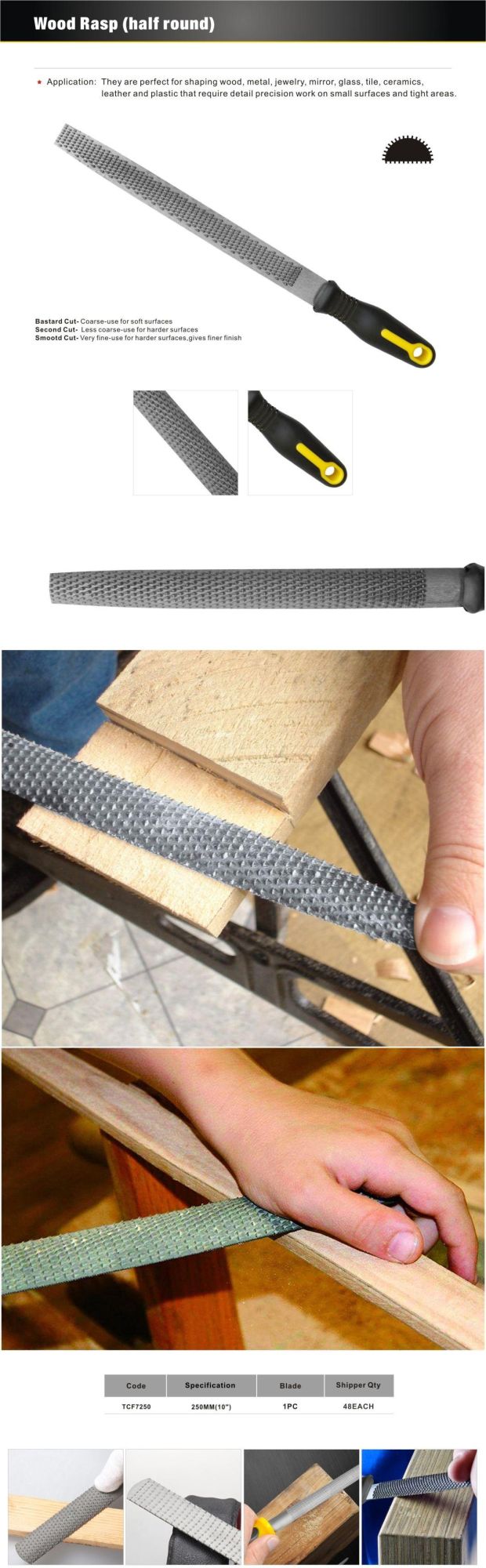 10" 45# Carbon Steel Half Round File Wood Rasp with Plastic Handle