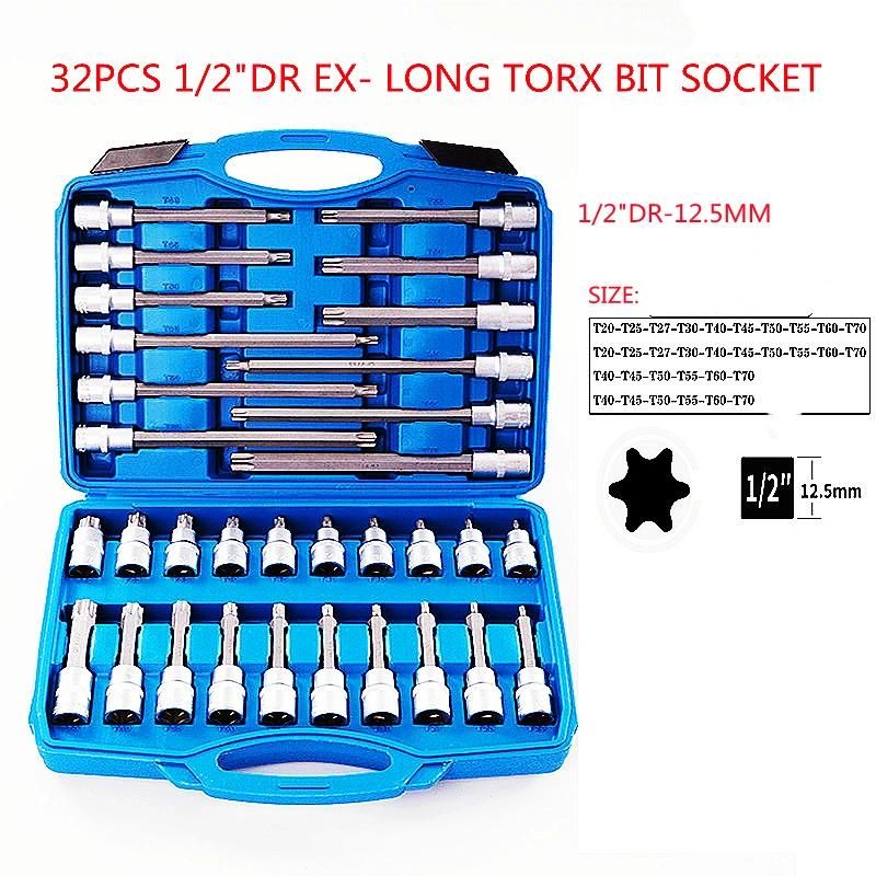 32PCS Professional 1/2" Dr Ex-Long Torx Bits Socket Tool Set