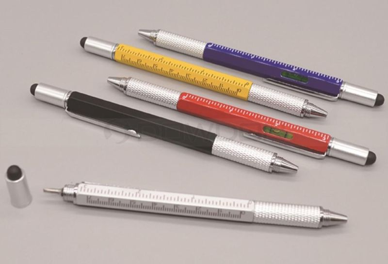 Versatile Stylus Pen Tool 6 in 1 Pen Multitool Ballpoint Pen, Stylus, Ruler, Screwdrivers, Level Gauge