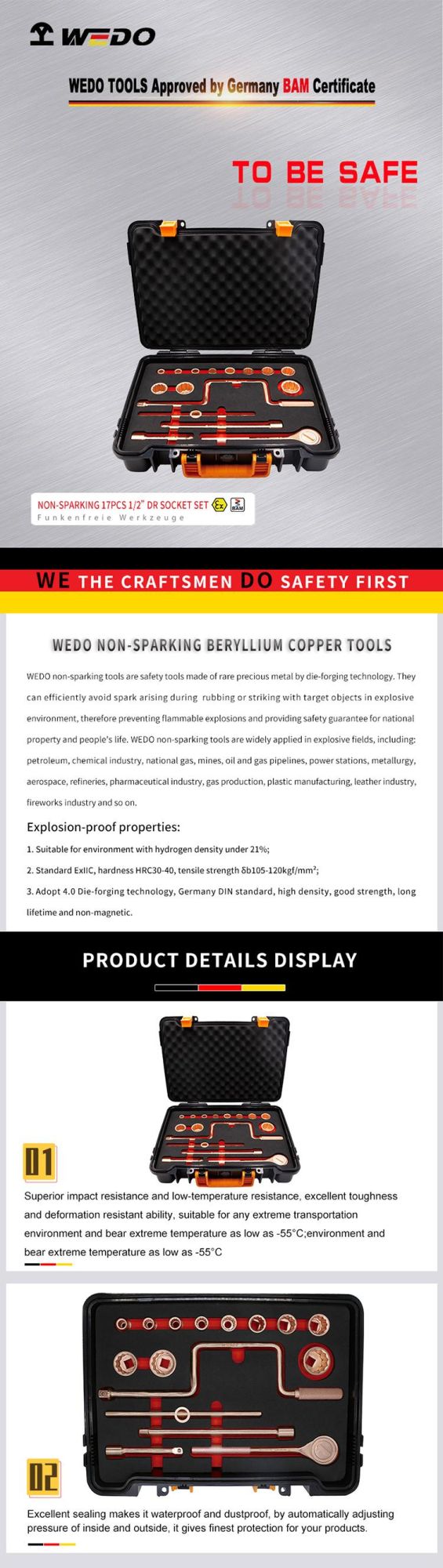 WEDO 1/2" Dr Socket Set Non-Sparking Beryllium Copper Spark-Free Safety Socket Tools Case 17PCS