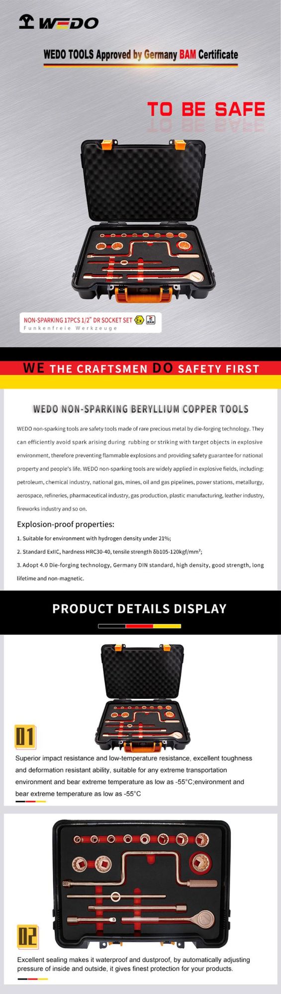 WEDO 1/2" Dr Socket Set Non-Sparking Beryllium Copper Spark-Free Safety Socket Tools Case 17PCS
