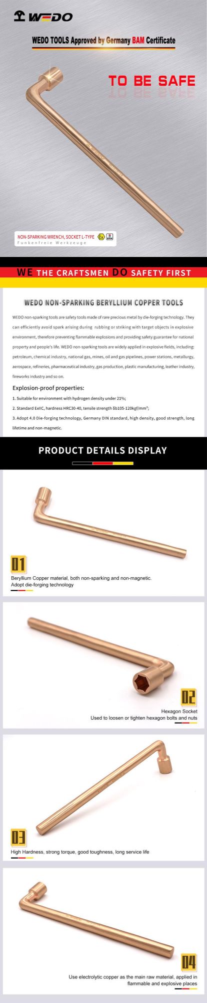 WEDO Beryllium Copper Spanner Non-Sparking Socket Wrench L-Type Bam/FM/GS Certified