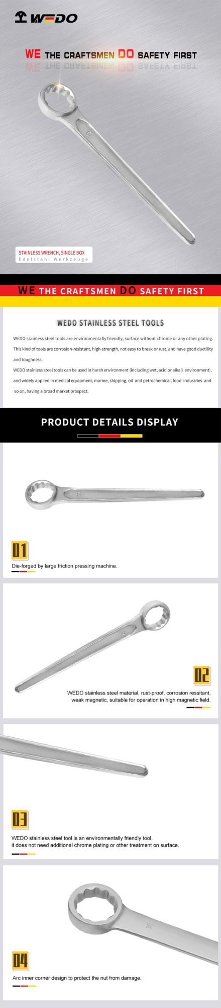 WEDO 20" Stainless Single Box Wrench Ring-Spanner Anti-Slip Handle