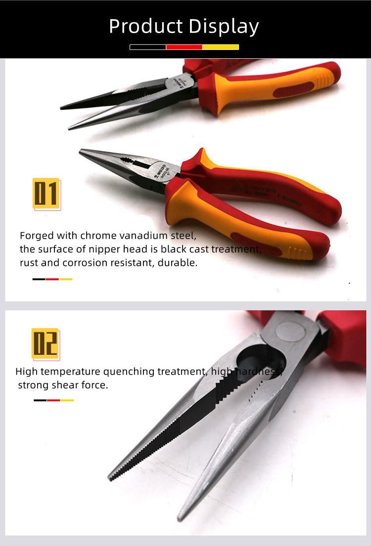 WEDO 6" 8"Insulated Pliers VDE 1000V Snipe Nose Pliers Chrome Vanadium Steel Anti-Slip Handle