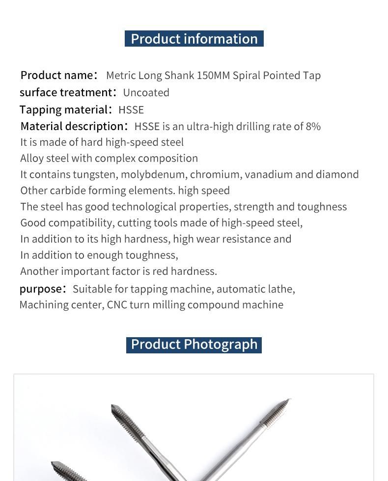 Hsse-M35 JIS Long Shank 150mm Spiral Pointed Taps M3 M4 M5 M6 M8 M10 M12 Machine Thread Screw Tap