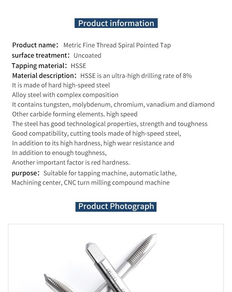 Hsse-M35 JIS Spiral Pointed Taps M1.4 M1.6 M1.7 M1.8 M2 M2.2 M2.5 M2.6 M3 M4 M4.5 M5 M5.5 M6 M7 M8 M9 M10 Fine Thread Screw Tap